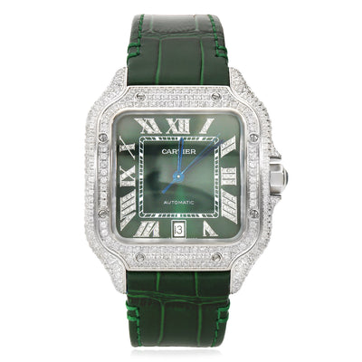 NEW 5TCW Natural Diamond Cartier Santos Large 40mm Pave Roman Green Dial Men's Watch