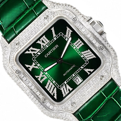 5TCW Diamond Cartier Santos WSSA0062 Large 40mm Pave Roman Orange Dial Men's