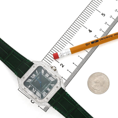 NEW 5TCW Natural Diamond Cartier Santos Large 40mm Pave Roman Green Dial Men's Watch
