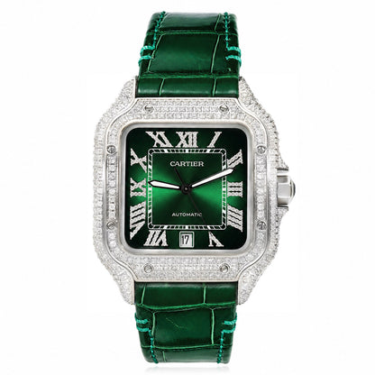 5TCW Diamond Cartier Santos WSSA0062 Large 40mm Pave Roman Orange Dial Men's