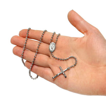 925 Sterling Silver 3mm Mooncut Rosary Cross Chain Necklace 16"