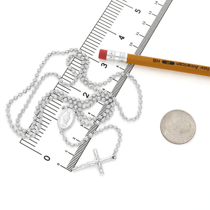 925 Sterling Silver 3mm Mooncut Rosary Cross Chain Necklace 16"