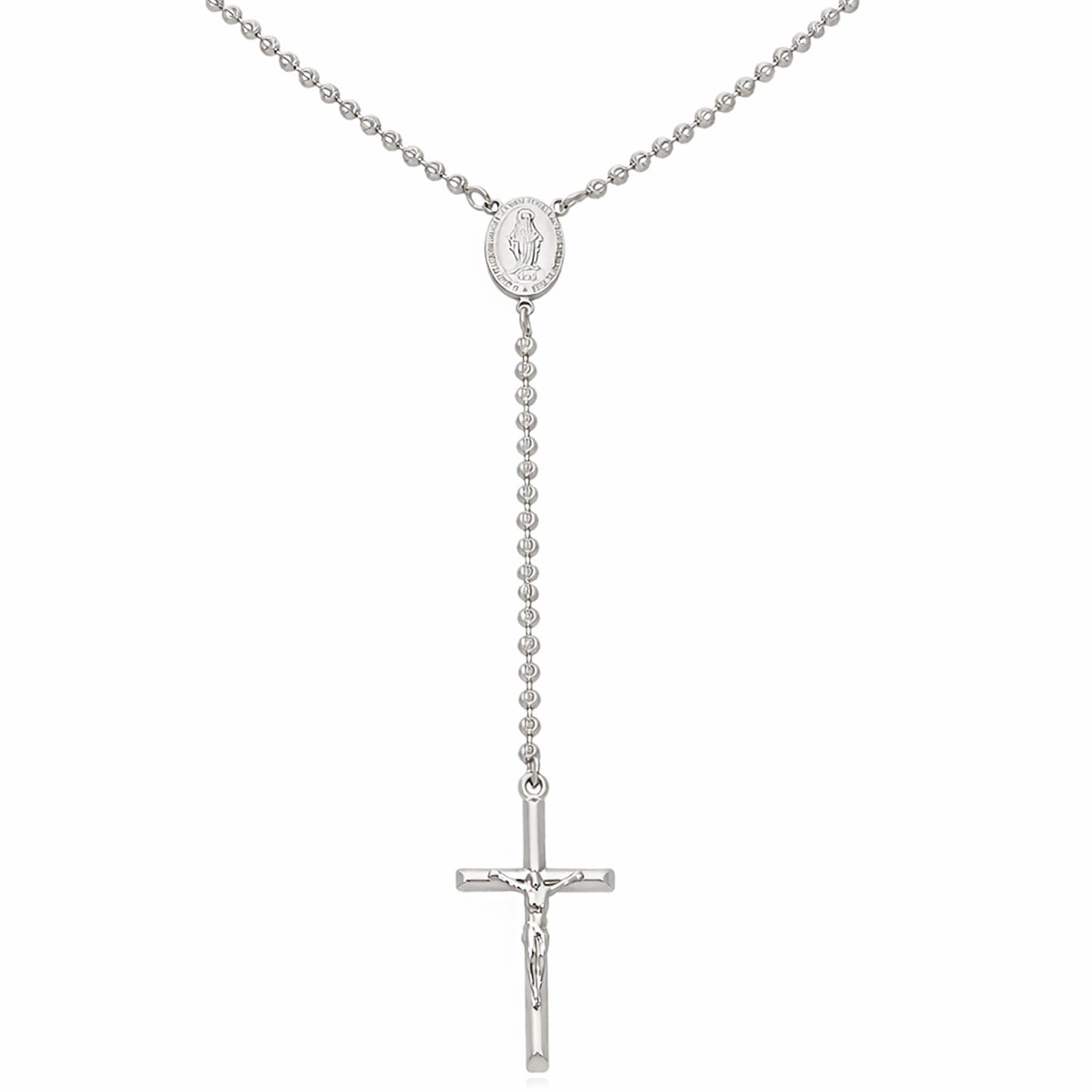 925 Sterling Silver 3mm Mooncut Rosary Cross Chain Necklace 16"