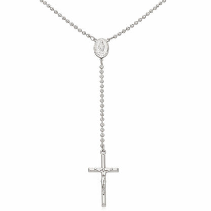 925 Sterling Silver 3mm Mooncut Rosary Cross Chain Necklace 16"