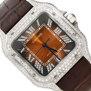 NEW 5TCW Natural Diamond Cartier Santos Large 40mm Pave Roman Brown Dial Men's Watch