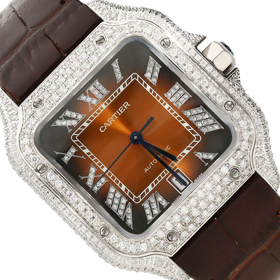 NEW 5TCW Natural Diamond Cartier Santos Large 40mm Pave Roman Brown Dial Men's Watch