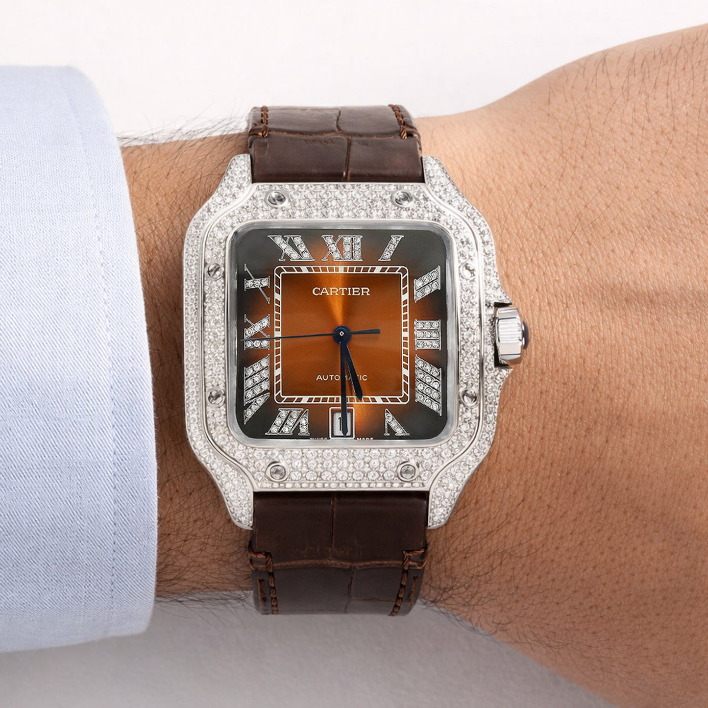 NEW 5TCW Natural Diamond Cartier Santos Large 40mm Pave Roman Brown Dial Men's Watch