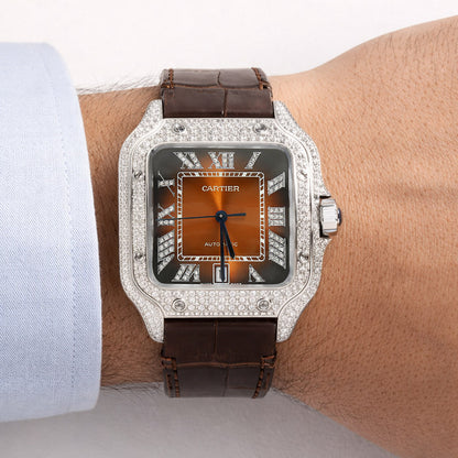 NEW 5TCW Natural Diamond Cartier Santos Large 40mm Pave Roman Brown Dial Men's Watch