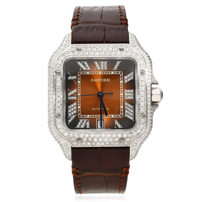 NEW 5TCW Natural Diamond Cartier Santos Large 40mm Pave Roman Brown Dial Men's Watch