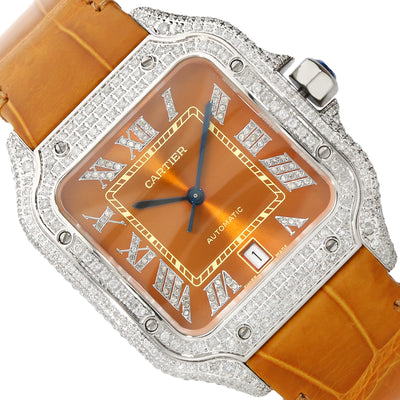 NEW 5TCW Natural Diamond Cartier Santos Large 40mm Pave Roman Orange Dial Men's Watch
