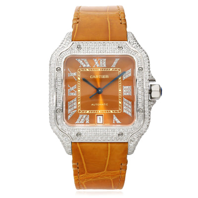 NEW 5TCW Natural Diamond Cartier Santos Large 40mm Pave Roman Orange Dial Men's Watch