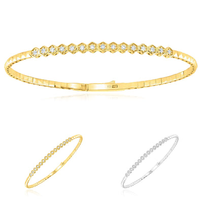 0.20TCW Natural Diamonds 14K Yellow Gold White Gold Honeycomb Bangle Bracelet 7"
