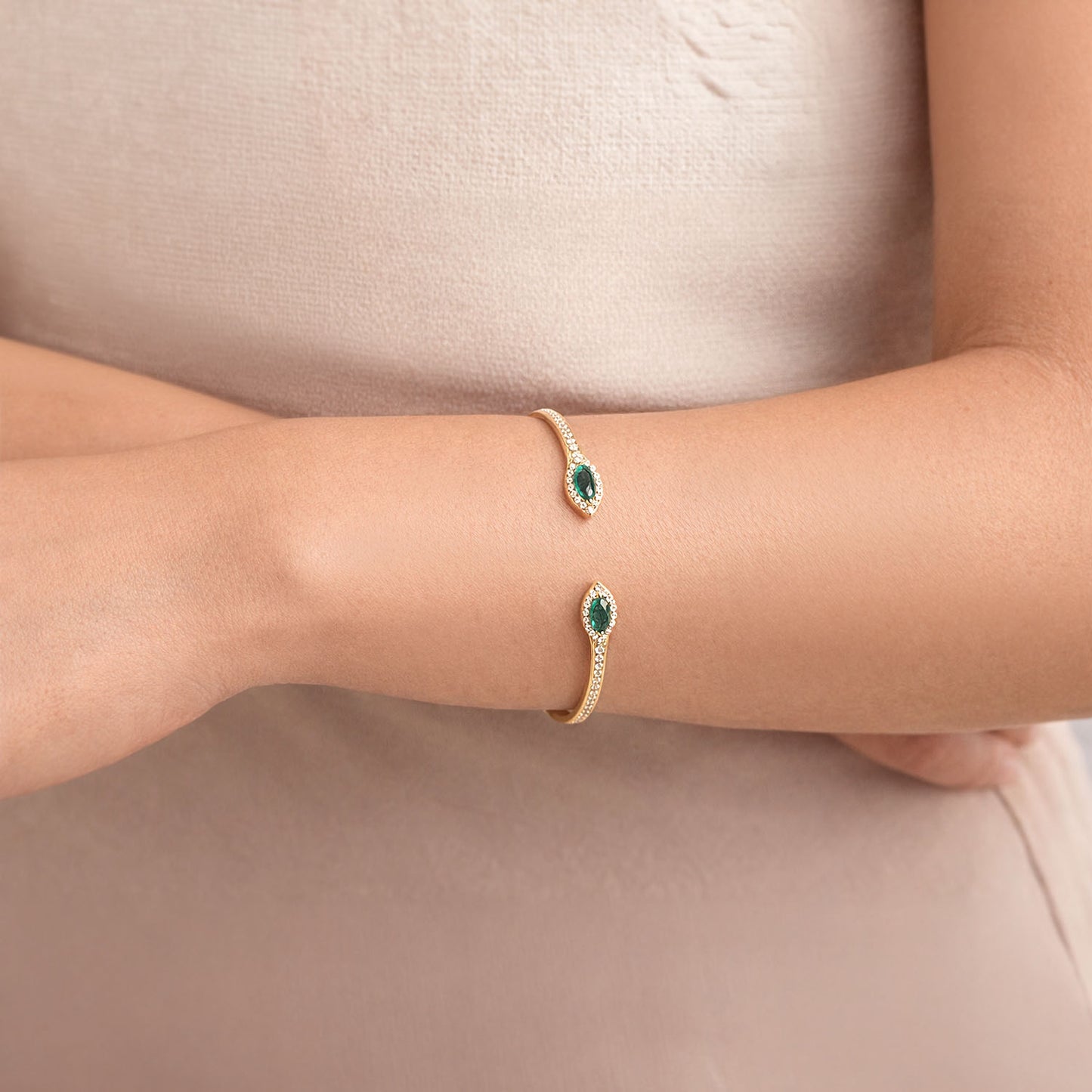 1CTW Natural Emerald & Diamond 14K Yellow Gold Cuff Bangle Bracelet