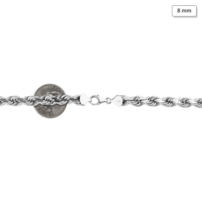 14K White Gold 8mm Diamond-Cut Rope Chain (Solid Links) 20"-28"