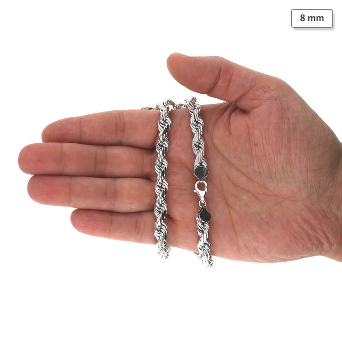 14K White Gold 8mm Diamond-Cut Rope Chain (Solid Links) 20"-28"