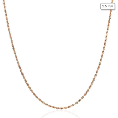 14K Rose Gold 1.5mm Diamond-Cut Rope Chain (Solid Links) 16"-30"