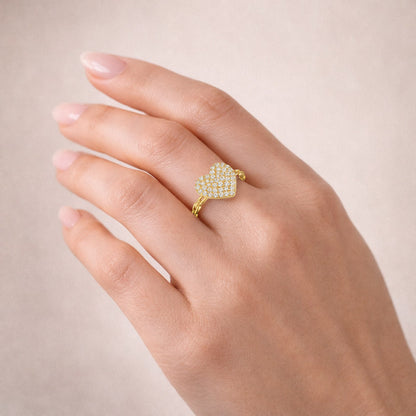 10K Yellow Gold 1.26 TCW CZ Pavé Heart Cable Design Stackable Ring