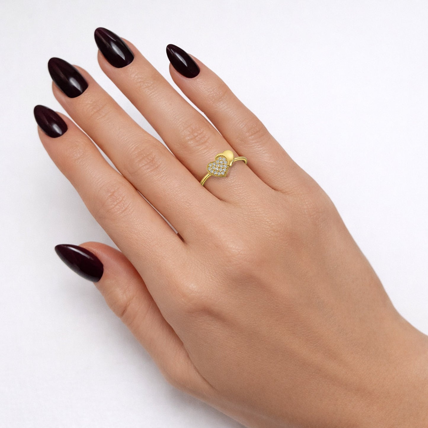 10K Yellow Gold CZ Pave Double Heart Stackable Ring