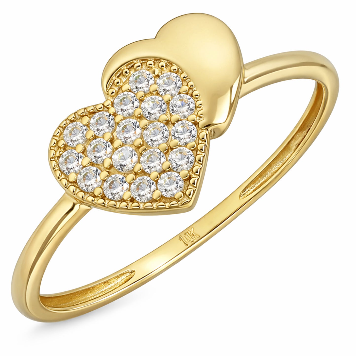 10K Yellow Gold CZ Pave Double Heart Stackable Ring