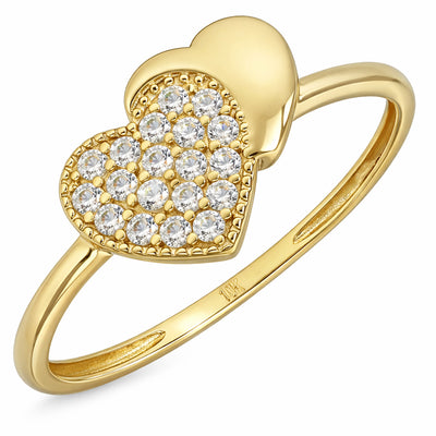 10K Yellow Gold CZ Pave Double Heart Stackable Ring