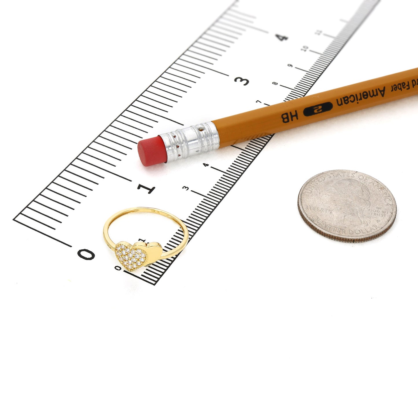 10K Yellow Gold CZ Pave Double Heart Stackable Ring