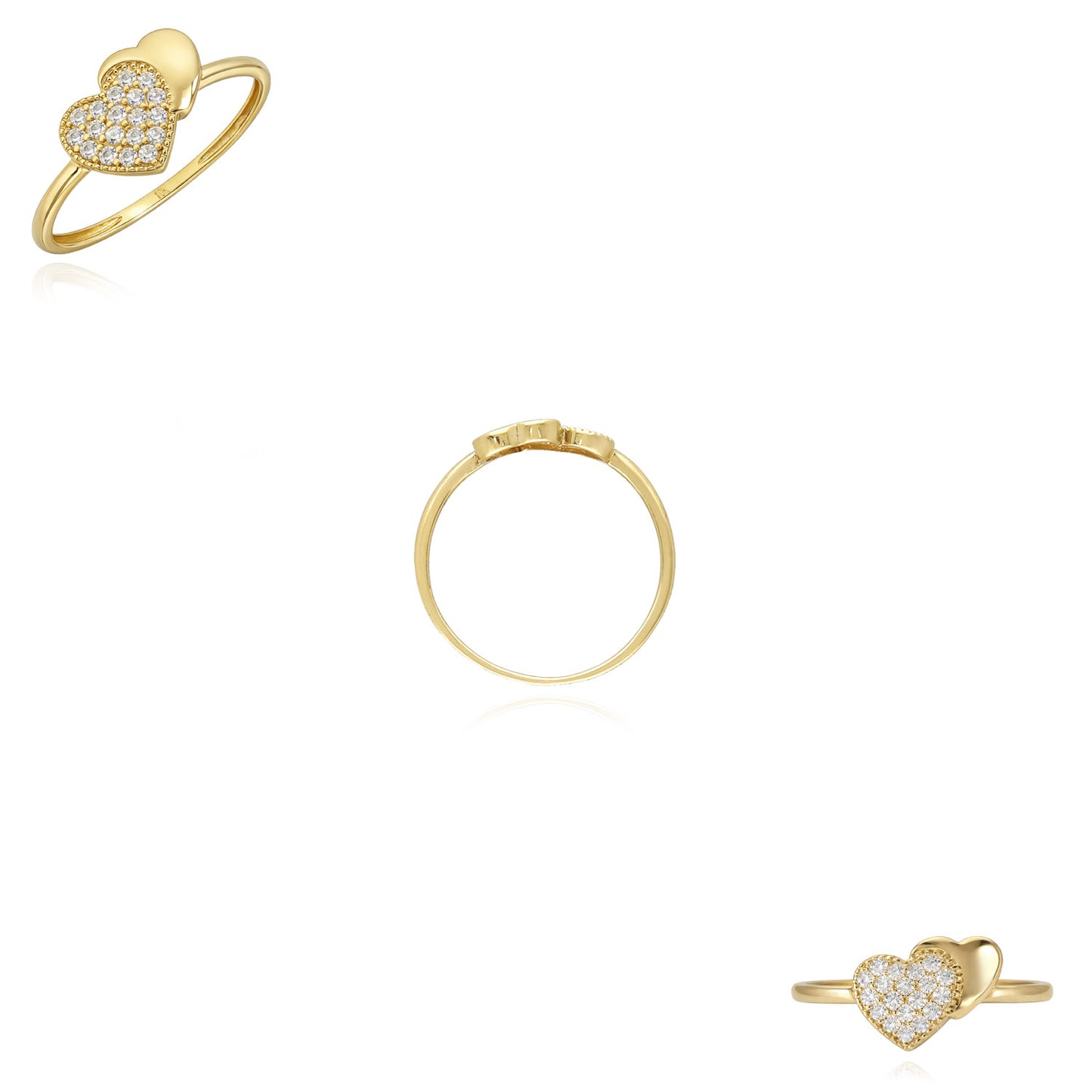 10K Yellow Gold CZ Pave Double Heart Stackable Ring