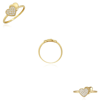 10K Yellow Gold CZ Pave Double Heart Stackable Ring