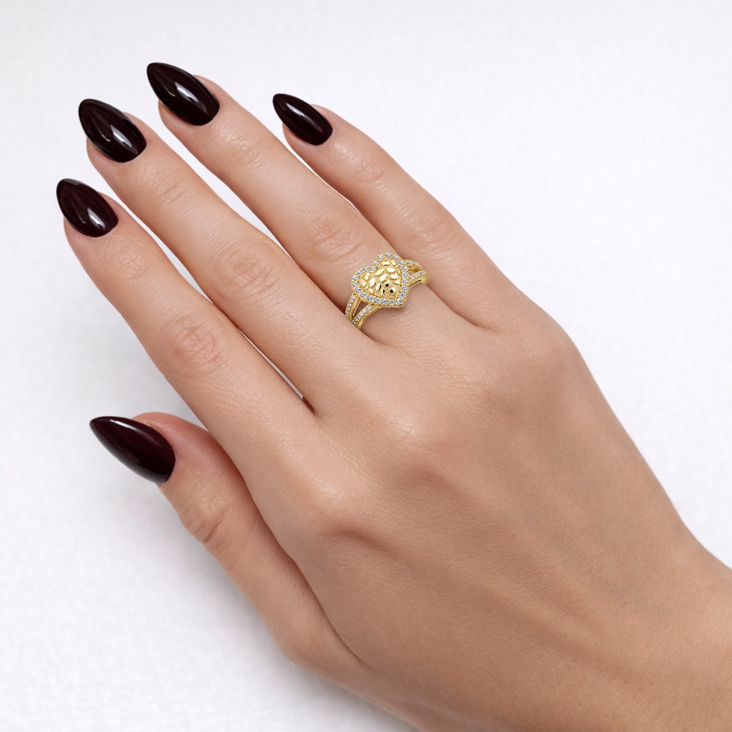 10K Yellow Gold Nugget Heart Pavé 0.70CTW CZ Stackable Ring