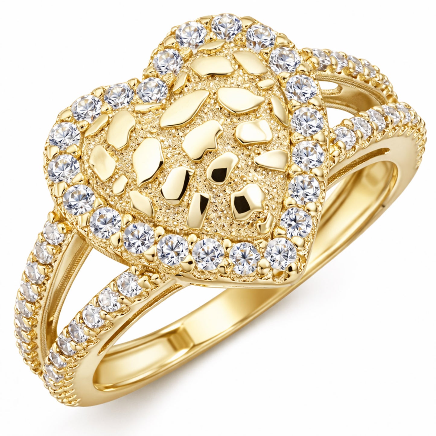 10K Yellow Gold Nugget Heart Pavé 0.70CTW CZ Stackable Ring