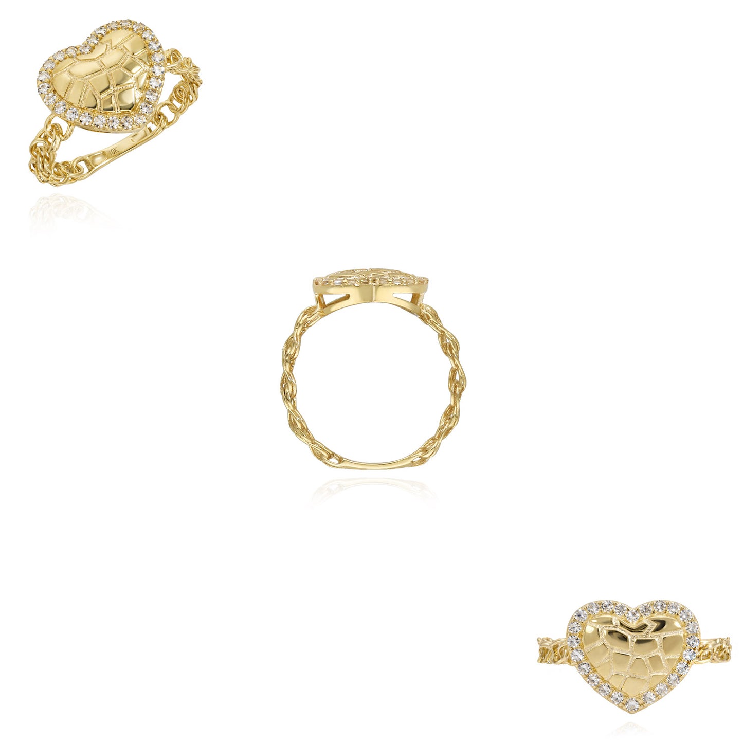 10K Yellow Gold Textured Heart 0.50CTW CZ Halo Stackable Ring