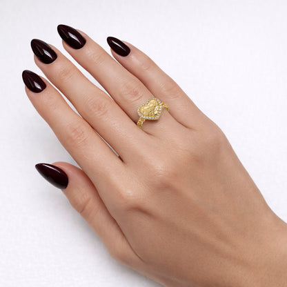 10K Yellow Gold Textured Heart 0.50CTW CZ Halo Stackable Ring