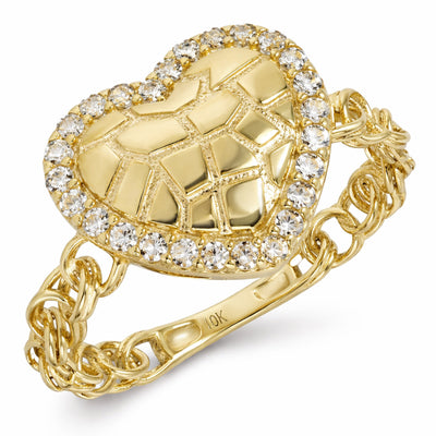 10K Yellow Gold Textured Heart 0.50CTW CZ Halo Stackable Ring