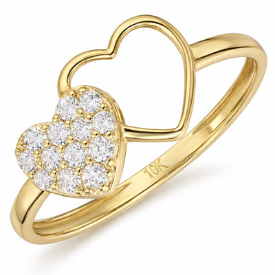 10K Yellow Gold 0.40CTW CZ Pavé Double Open Heart Stackable Ring