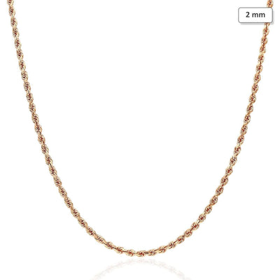 14K Rose Gold 2mm Diamond-Cut Rope Chain (Solid Links) 16"-30"