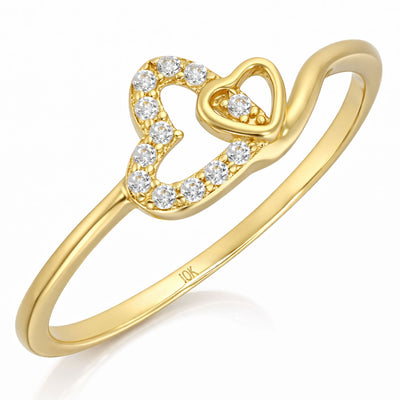 10K Yellow Gold Open Double Heart Pavé 0.25CTW CZ Stackable Ring