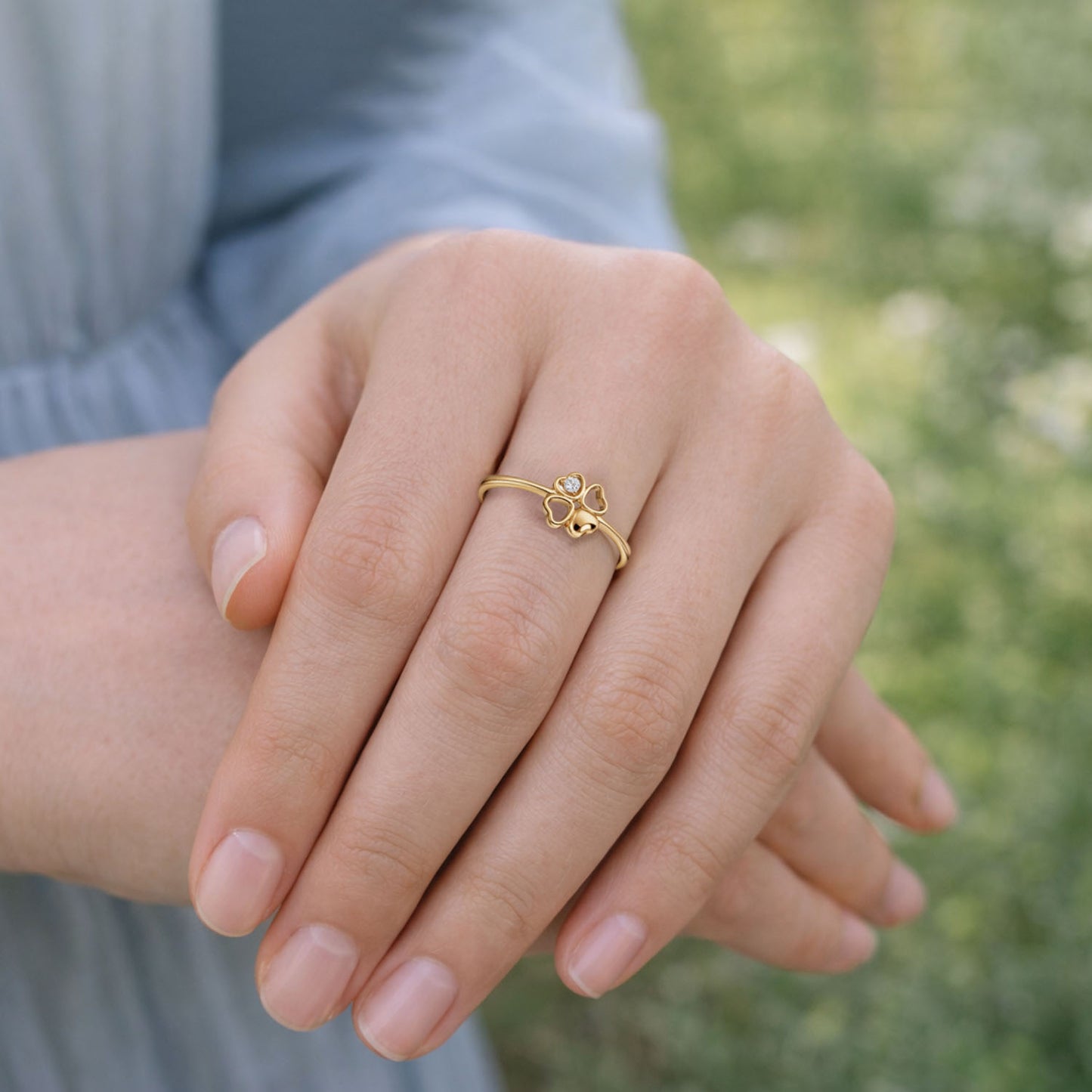 10K Yellow Gold 0.03CTW CZ Open Heart Clover Stackable Ring