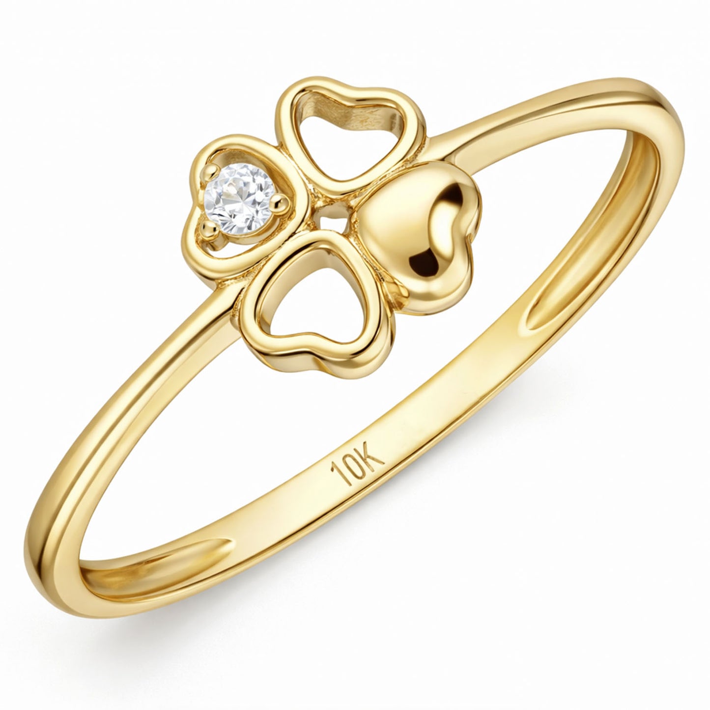 10K Yellow Gold 0.03CTW CZ Open Heart Clover Stackable Ring