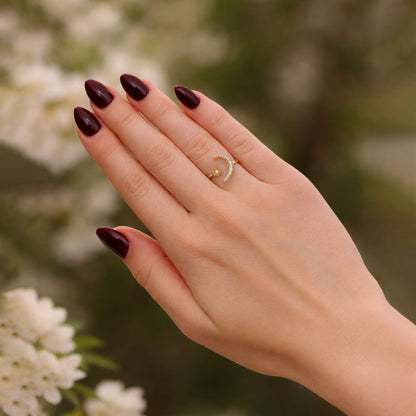 10K Yellow Gold Star and Crescent Moon 0.70 CTW CZ Stackable Ring