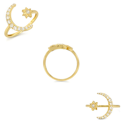10K Yellow Gold Star and Crescent Moon 0.70 CTW CZ Stackable Ring