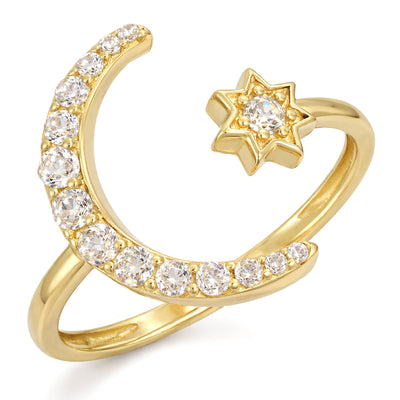 10K Yellow Gold Star and Crescent Moon 0.70 CTW CZ Stackable Ring