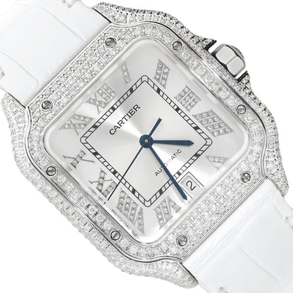 NEW 5TCW Natural Diamond Cartier Santos Large 40mm Pave Roman White Dial Watch