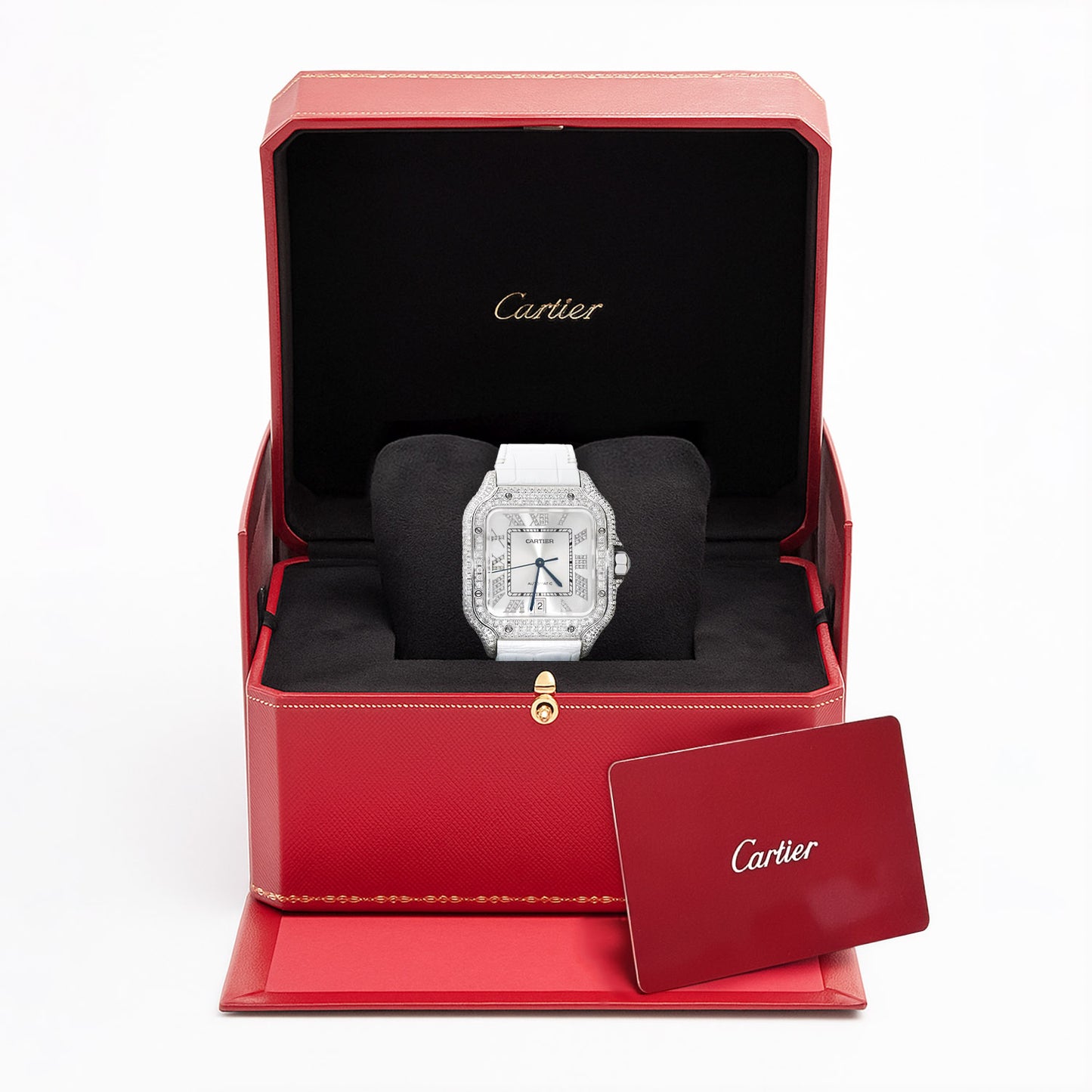 NEW 5TCW Natural Diamond Cartier Santos Large 40mm Pave Roman White Dial Watch