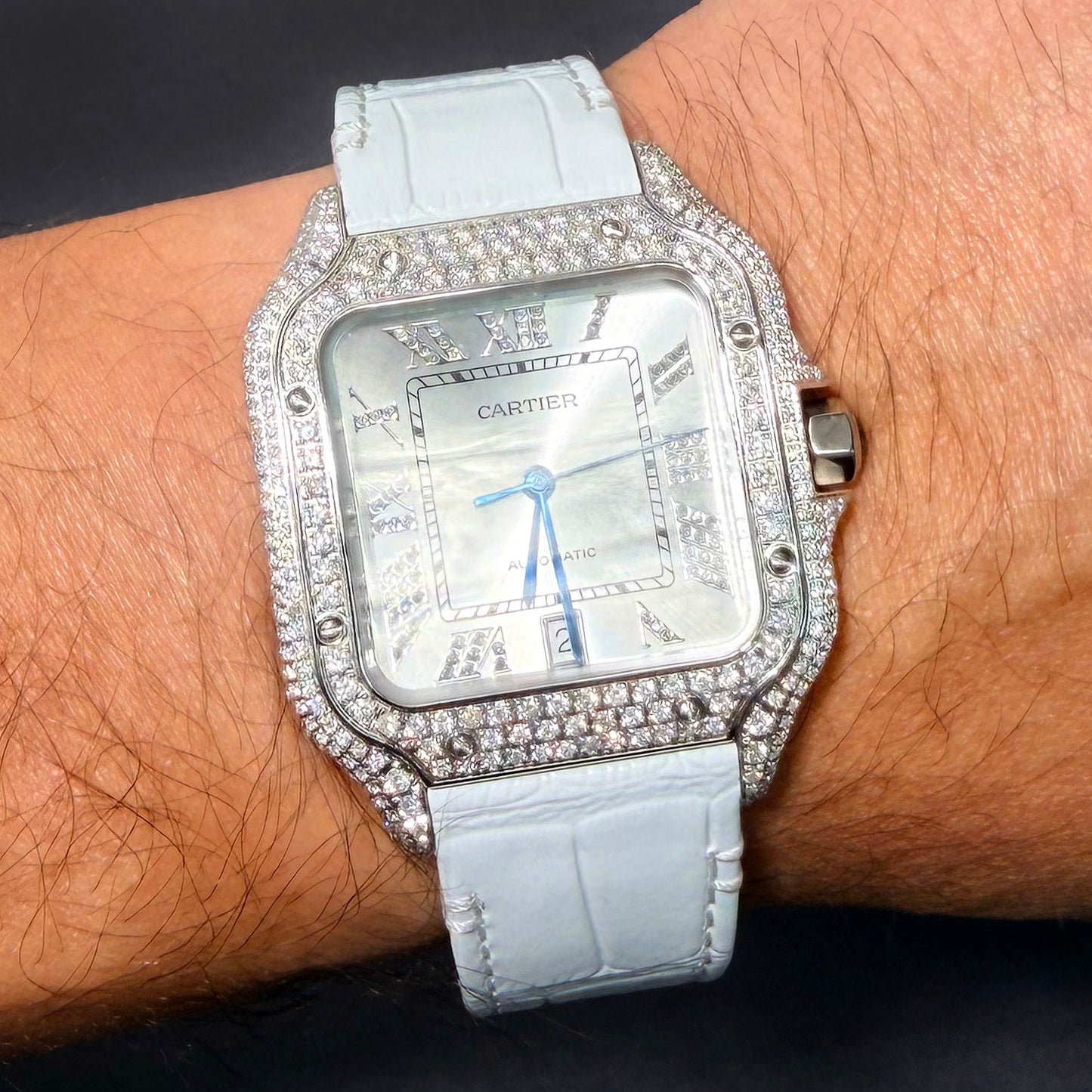 NEW 5TCW Natural Diamond Cartier Santos Large 40mm Pave Roman White Dial Watch