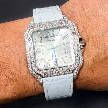 NEW 5TCW Natural Diamond Cartier Santos Large 40mm Pave Roman White Dial Watch