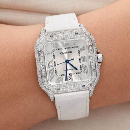 NEW 5TCW Natural Diamond Cartier Santos Large 40mm Pave Roman White Dial Watch