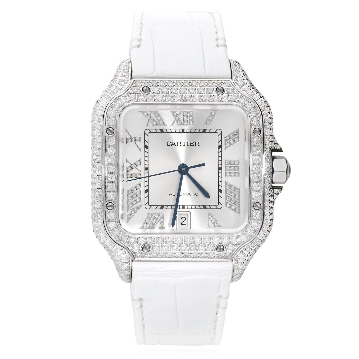 NEW 5TCW Natural Diamond Cartier Santos Large 40mm Pave Roman White Dial Watch