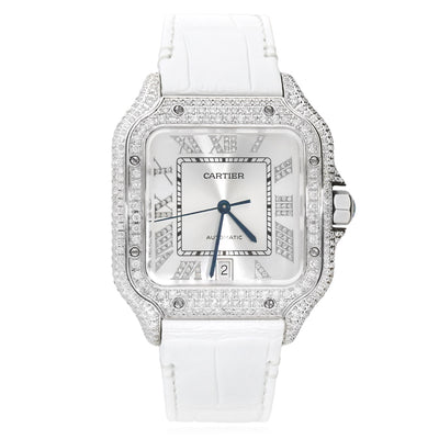 NEW 5TCW Natural Diamond Cartier Santos Large 40mm Pave Roman White Dial Watch