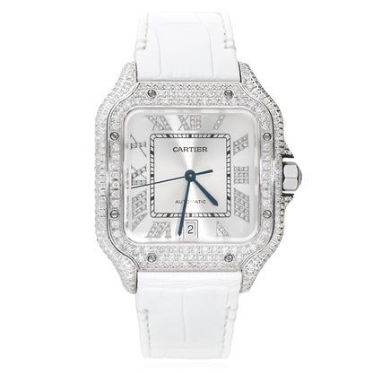 NEW 5TCW Natural Diamond Cartier Santos Large 40mm Pave Roman White Dial Watch