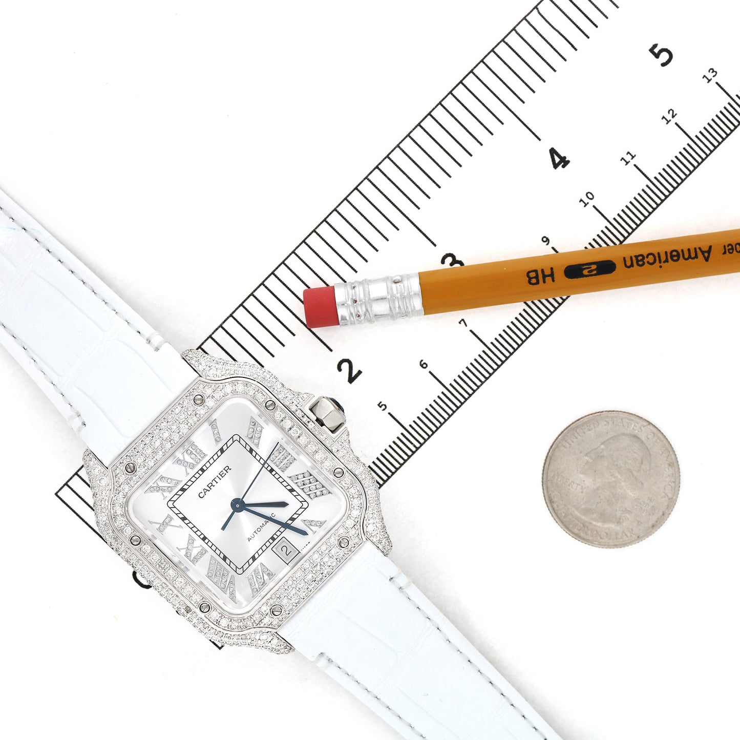 NEW 5TCW Natural Diamond Cartier Santos Large 40mm Pave Roman White Dial Watch