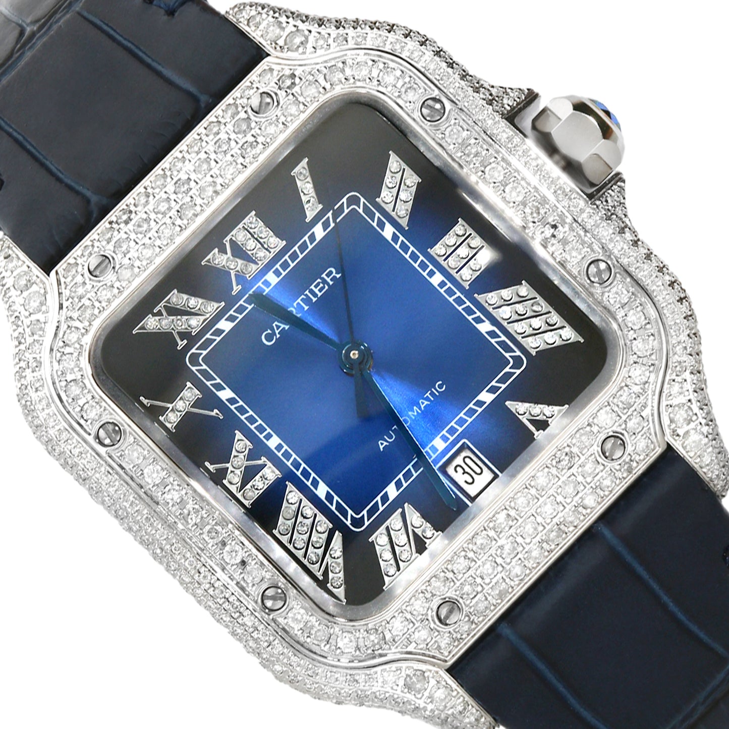 NEW 5TCW Natural Diamond Cartier Santos Large 40mm Pave Roman Blue Dial Men's Watch
